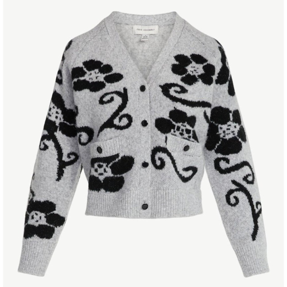 Free Assembly VNeck Square Cardigan Heather Gray Floral Pattern Size Large 12-14